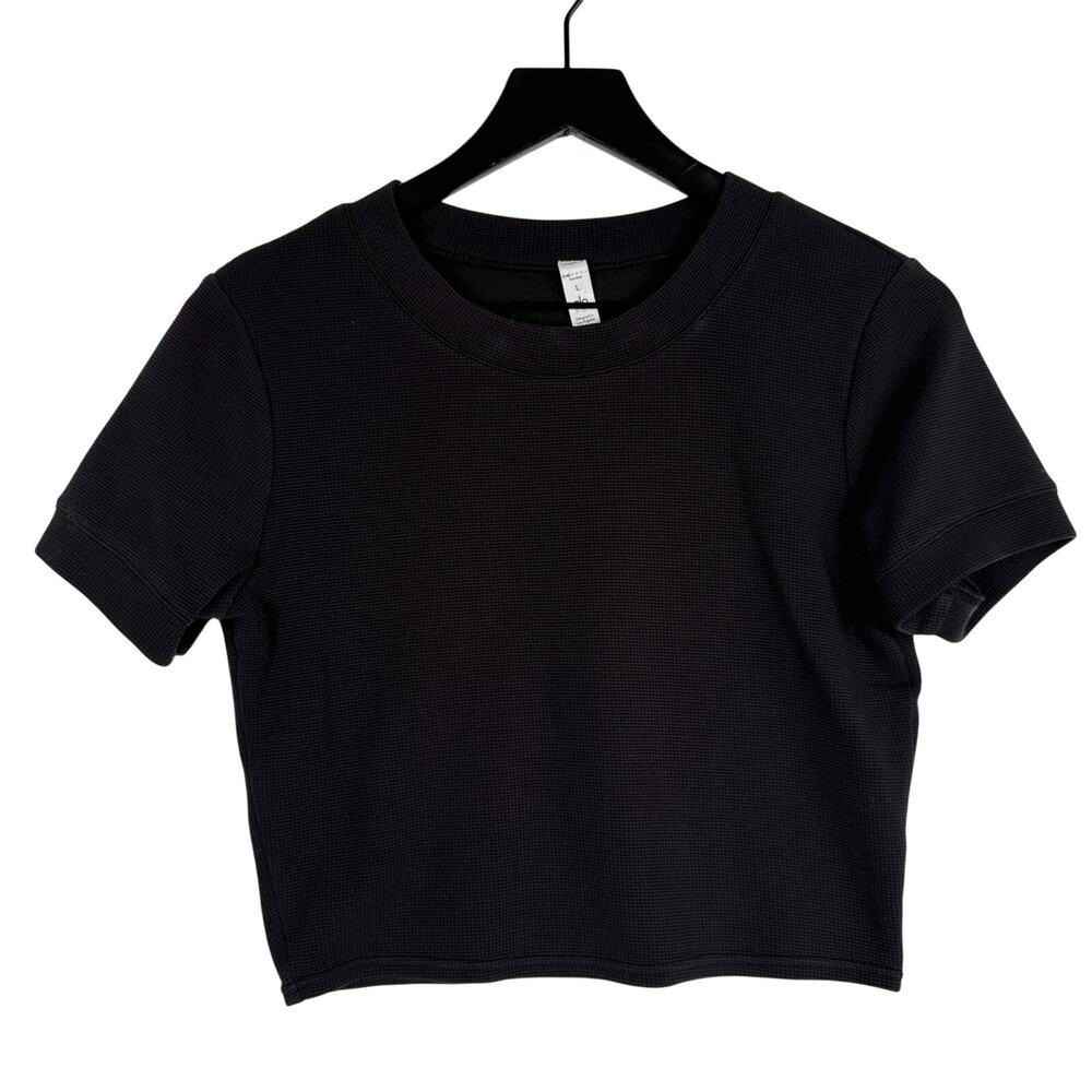 Alo Yoga Micro Waffle Sierra Short Sleeve Crop Top Black - L